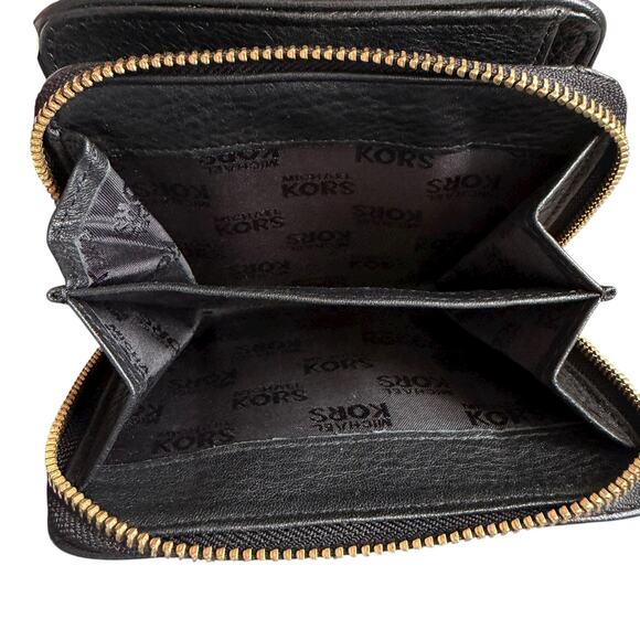 Michael Kors Black Leather Small Wallet Bifold Zip Coin Pocket Gold Logo MK - Picture 11 of 15